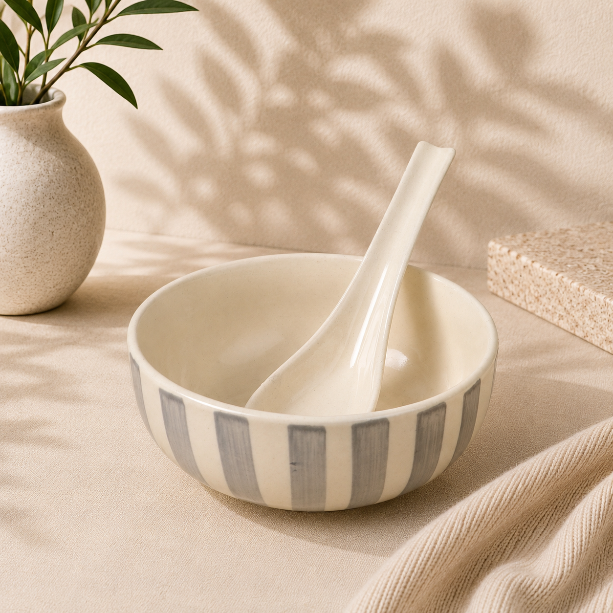 Noir & Ivory Stripe™ Soup Bowls with Spoons