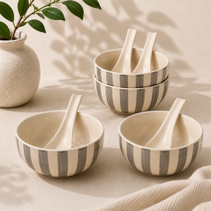 Noir & Ivory Stripe™ Soup Bowls with Spoons