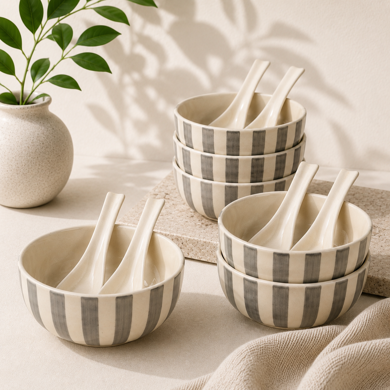 Noir & Ivory Stripe™ Soup Bowls with Spoons