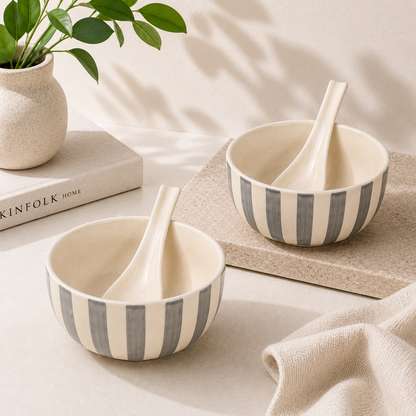 Noir & Ivory Stripe™ Soup Bowls with Spoons