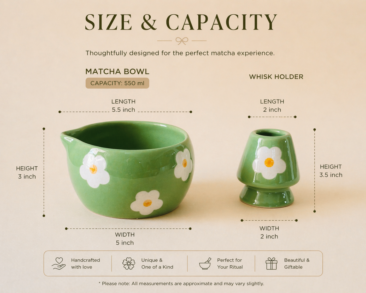 Green Floral Matcha Bowl & Whisk Holder Set