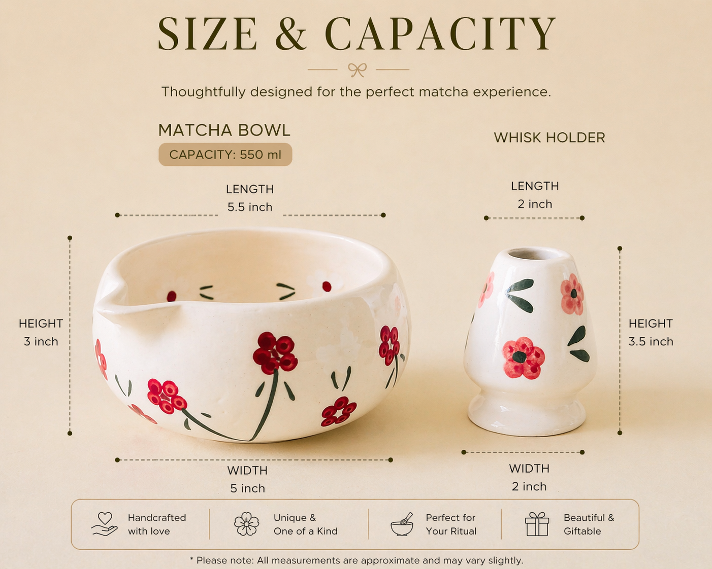 Red Floral & Leaf Matcha Bowl & Whisk Holder Set