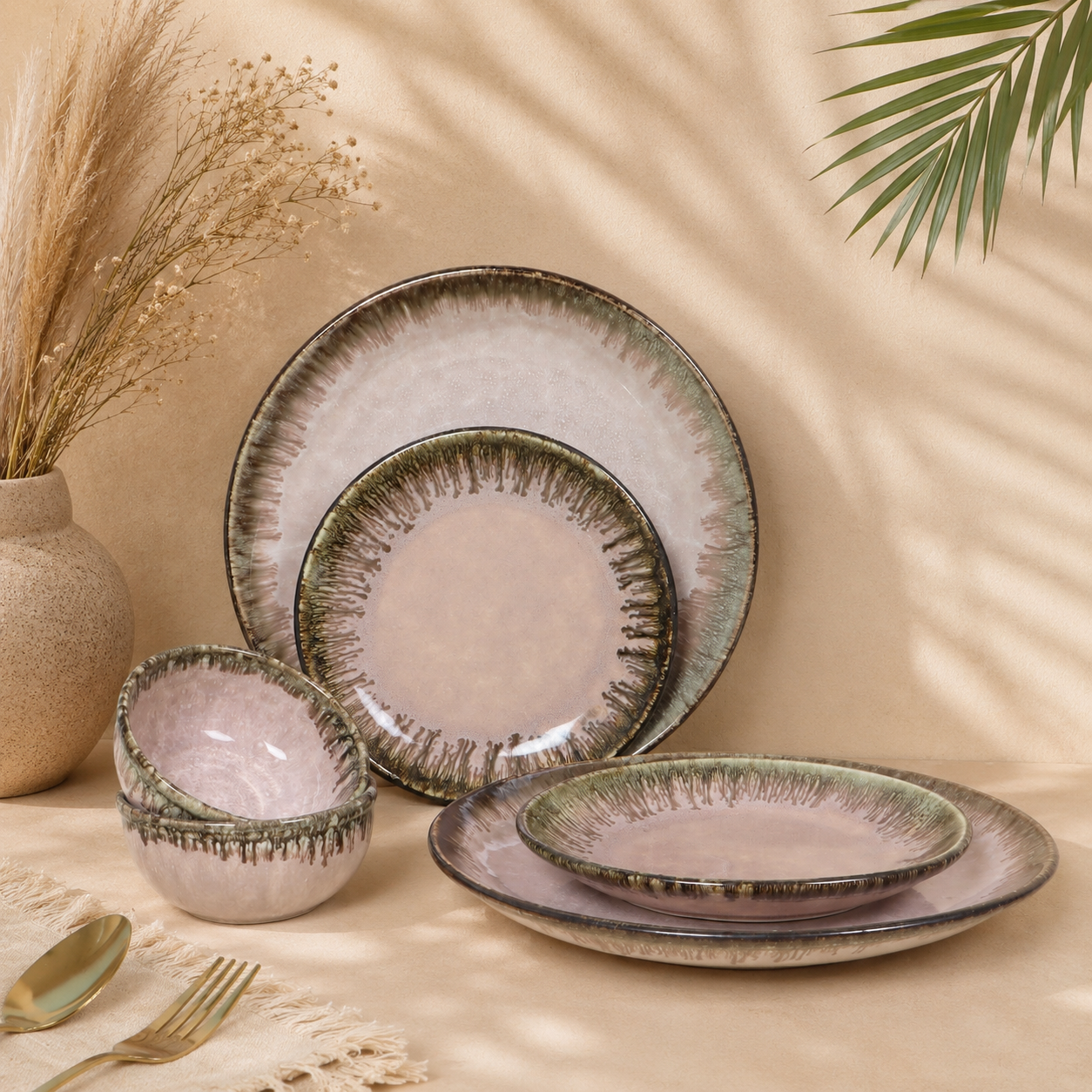 The Roseate Dining Set - Dinner Plates, Quarter Plates & Sweet Bowls