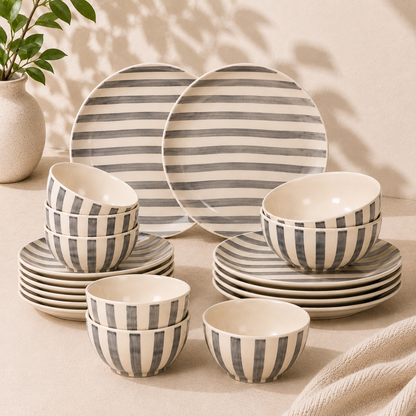 Noir & Ivory Stripe™ Signature Dining Set - Dinner Plates, Quarter Plates & Sweet Bowls