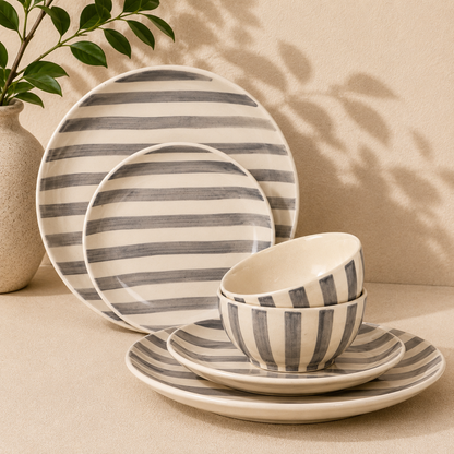 Noir & Ivory Stripe™ Signature Dining Set - Dinner Plates, Quarter Plates & Sweet Bowls