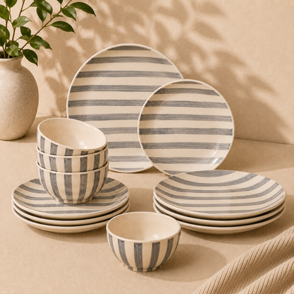 Noir & Ivory Stripe™ Signature Dining Set - Dinner Plates, Quarter Plates & Sweet Bowls