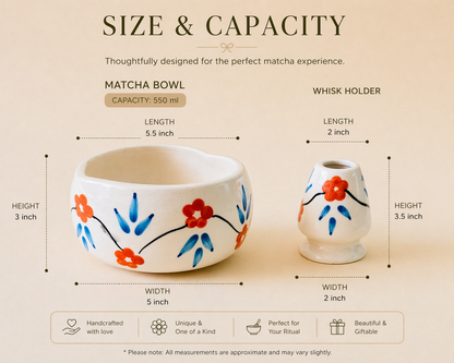 Red & Blue Floral Matcha Bowl & Whisk Holder Set