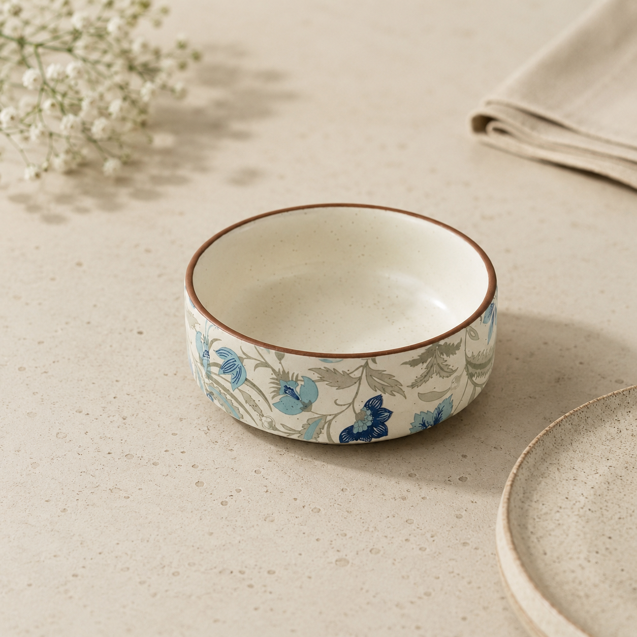 Blue Floral Flat Bowl (5”) – Elegant Small Dessert Serving Dish