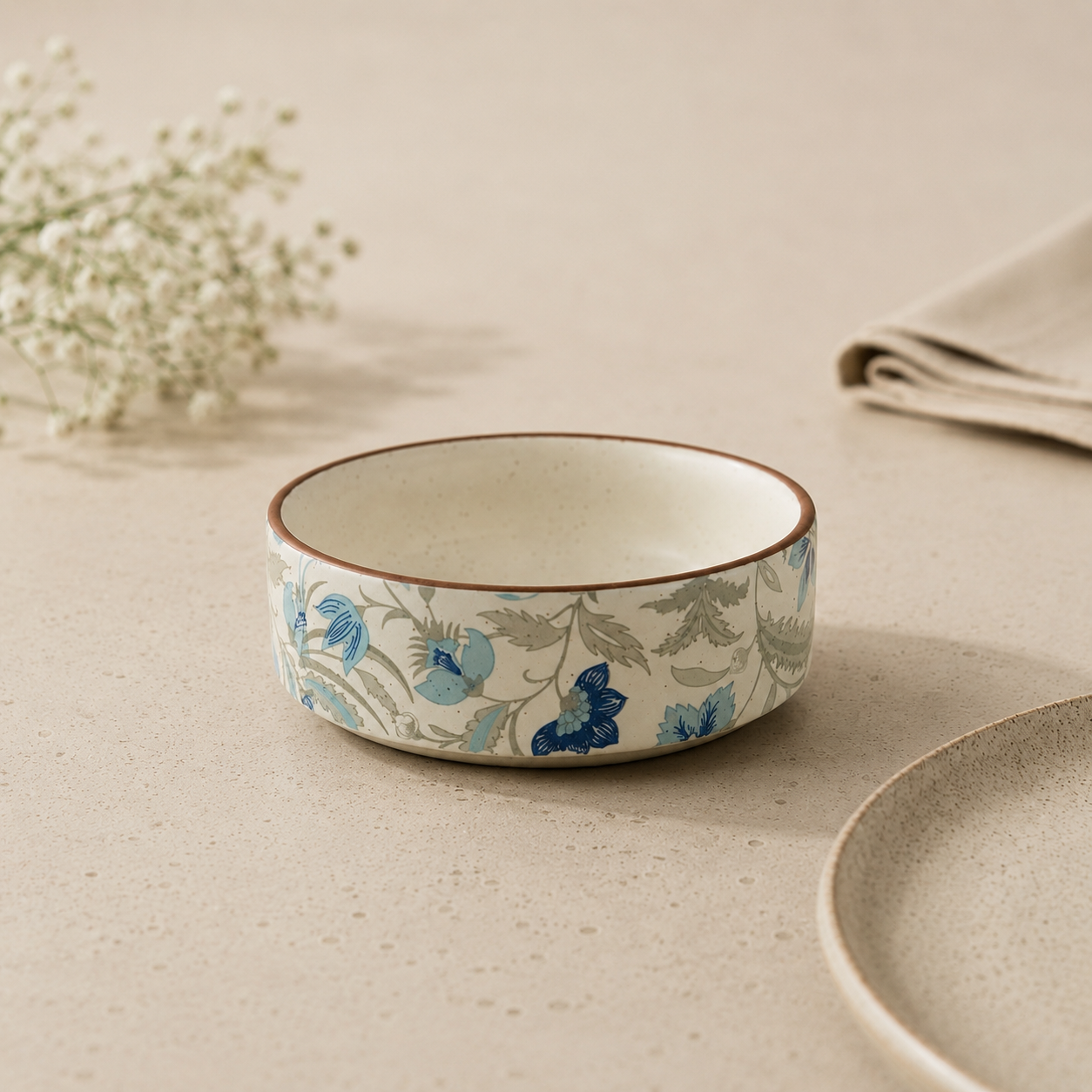 Blue Floral Flat Bowl (5”) – Elegant Small Dessert Serving Dish