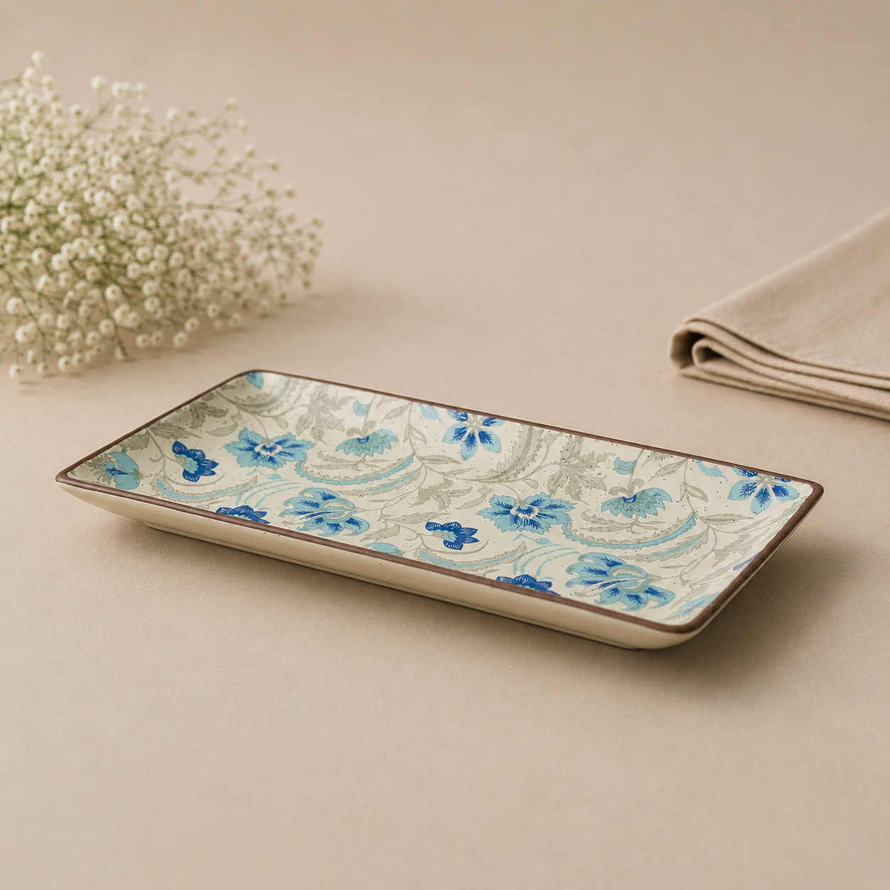 Blue Floral Rectangular Platter – 10 × 5 Inch