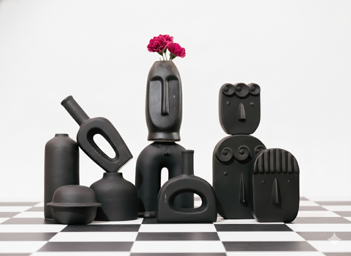 Obsidian Muse – Set of 10 Sculptural  Black Vases