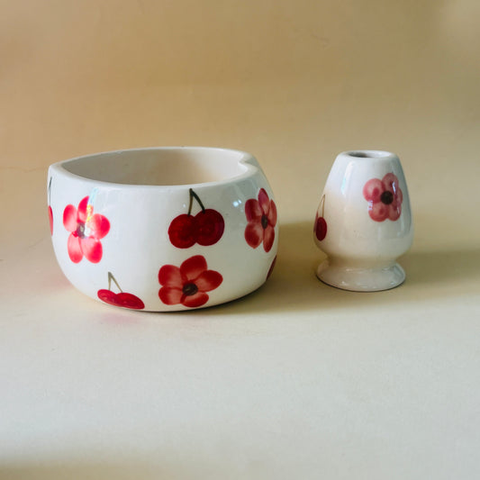 Red Floral Matcha Bowl & Whisk Holder Set