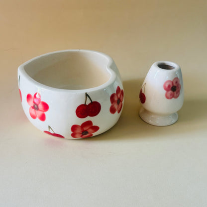 Red Floral Matcha Bowl & Whisk Holder Set