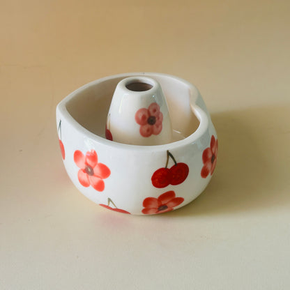 Red Floral Matcha Bowl & Whisk Holder Set
