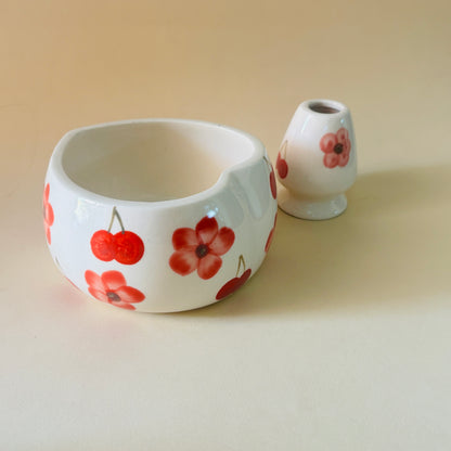 Red Floral Matcha Bowl & Whisk Holder Set