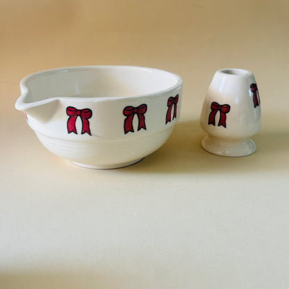 Red Bow Matcha Bowl & Whisk Holder Set