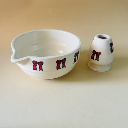 Red Bow Matcha Bowl & Whisk Holder Set