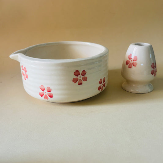 Pink Floral Matcha Bowl & Whisk Holder Set