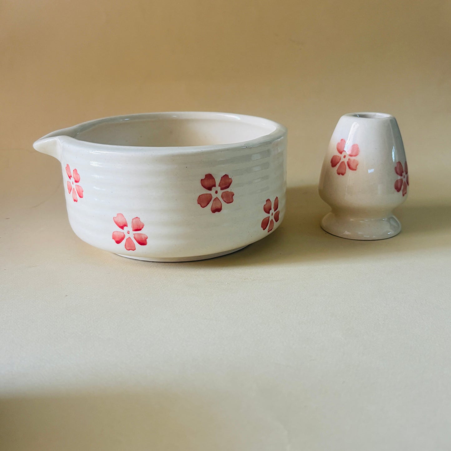 Pink Floral Matcha Bowl & Whisk Holder Set