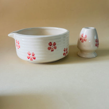 Pink Floral Matcha Bowl & Whisk Holder Set