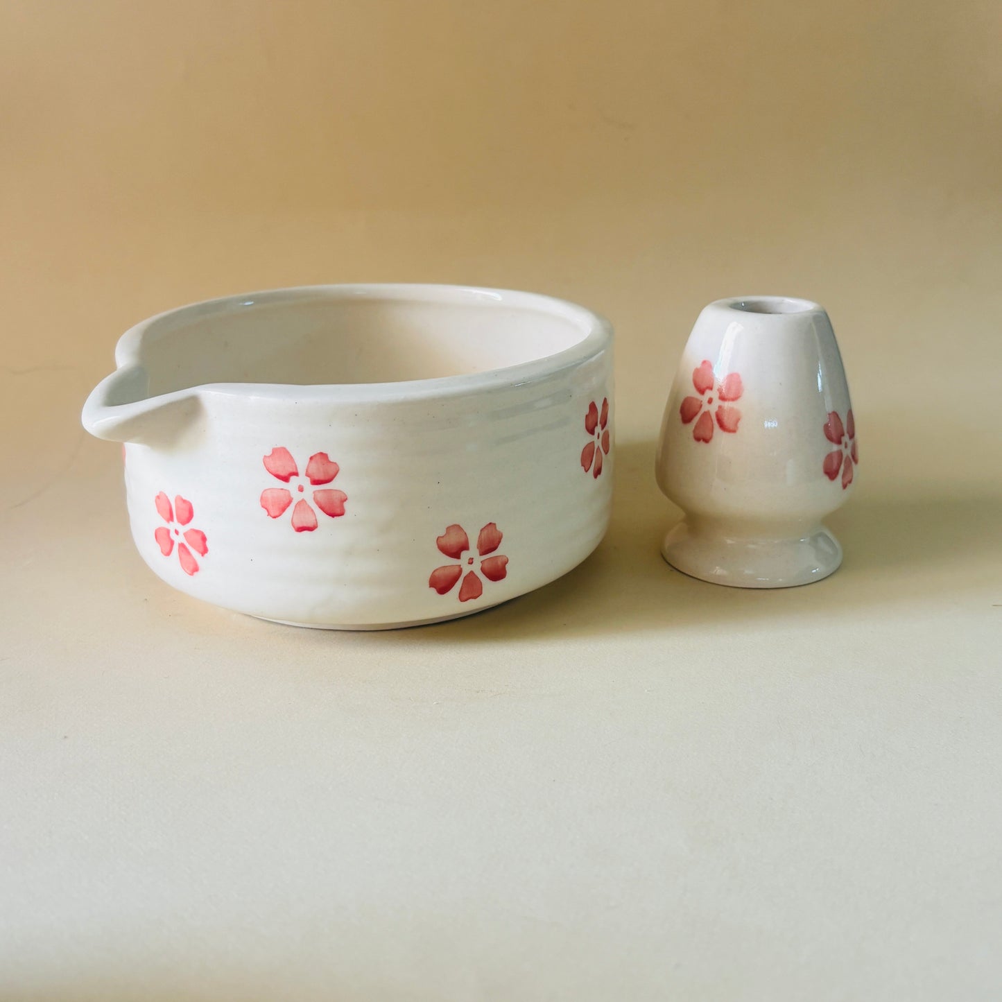 Pink Floral Matcha Bowl & Whisk Holder Set