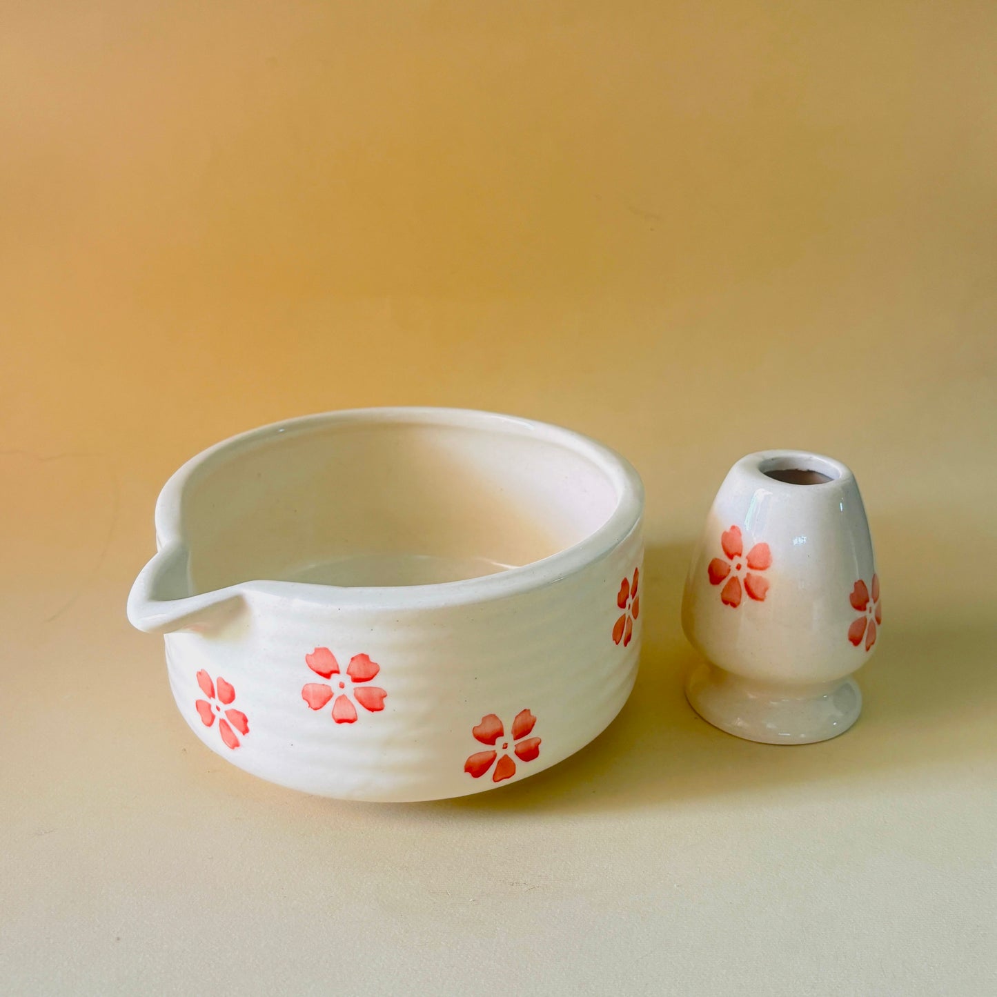 Pink Floral Matcha Bowl & Whisk Holder Set