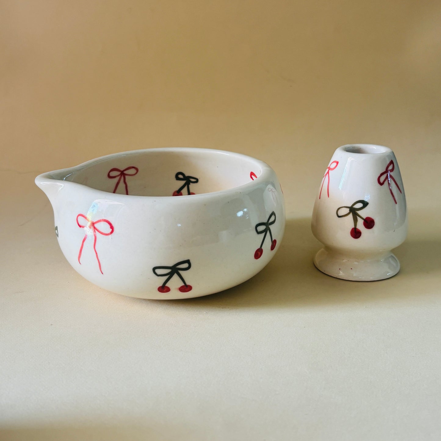 Cherry Matcha Bowl & Whisk Holder Set
