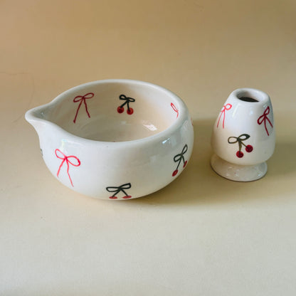 Cherry Matcha Bowl & Whisk Holder Set