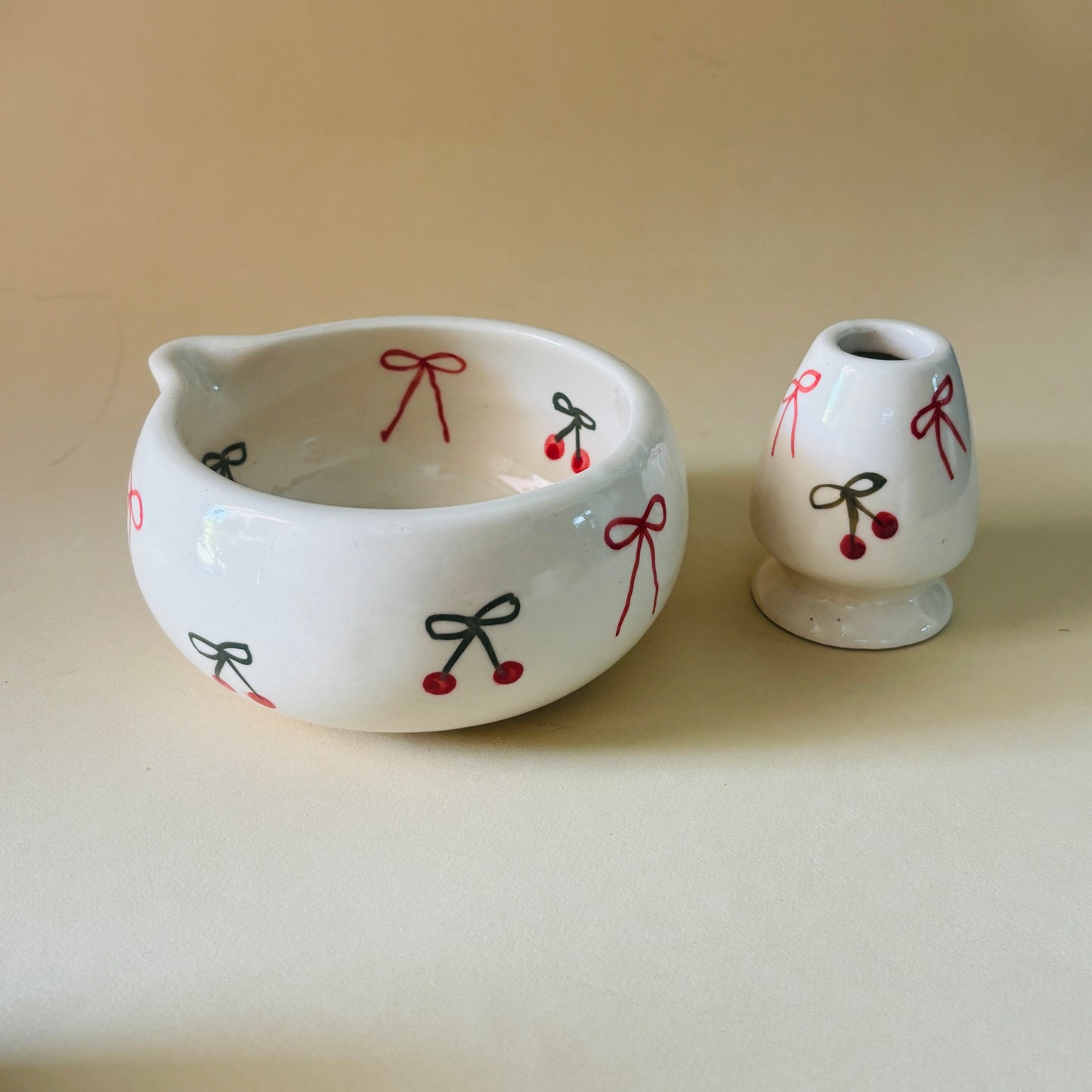 Cherry Matcha Bowl & Whisk Holder Set