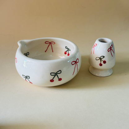 Cherry Matcha Bowl & Whisk Holder Set