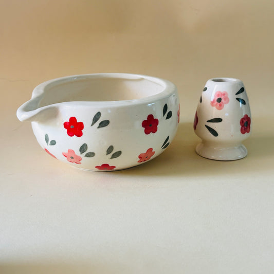 Red & Pink Floral Matcha Bowl & Whisk Holder Set