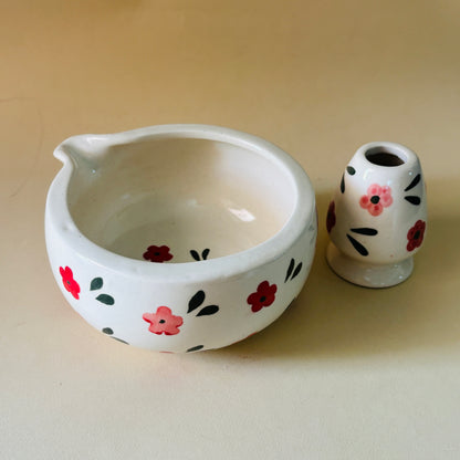 Red & Pink Floral Matcha Bowl & Whisk Holder Set