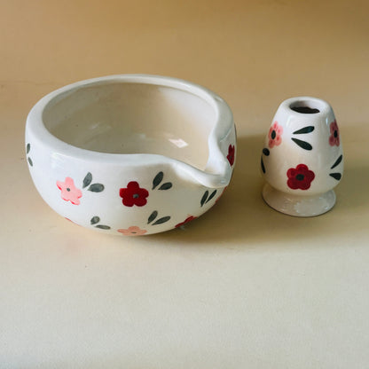 Red & Pink Floral Matcha Bowl & Whisk Holder Set