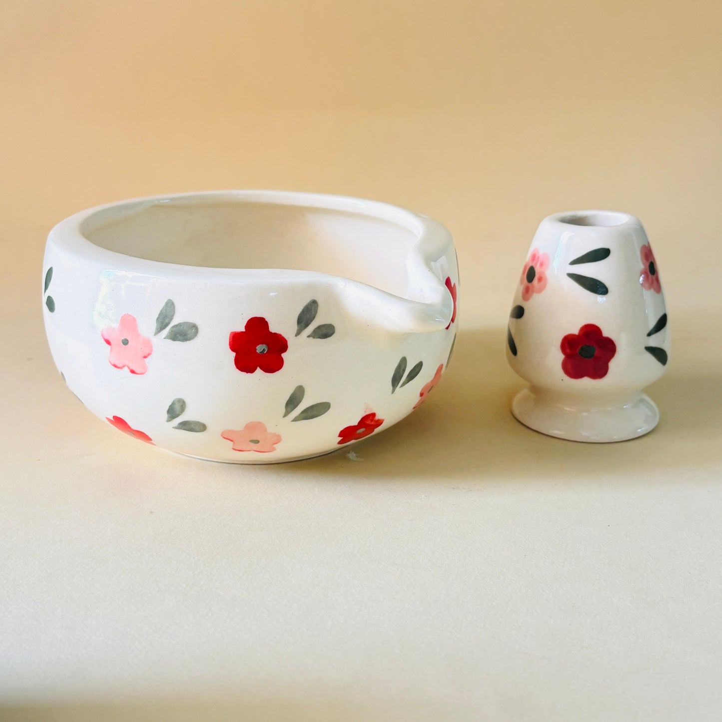 Red & Pink Floral Matcha Bowl & Whisk Holder Set