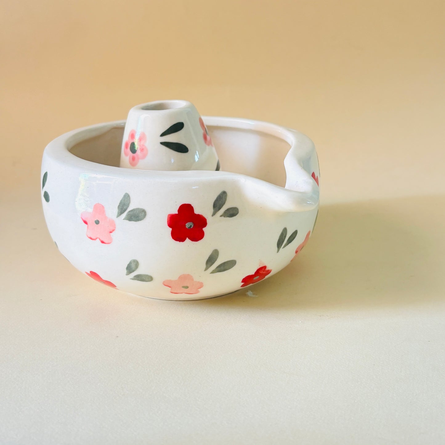 Red & Pink Floral Matcha Bowl & Whisk Holder Set