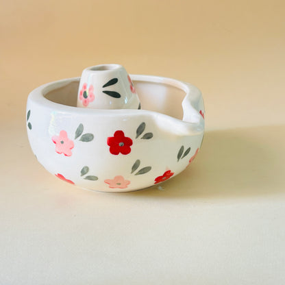 Red & Pink Floral Matcha Bowl & Whisk Holder Set