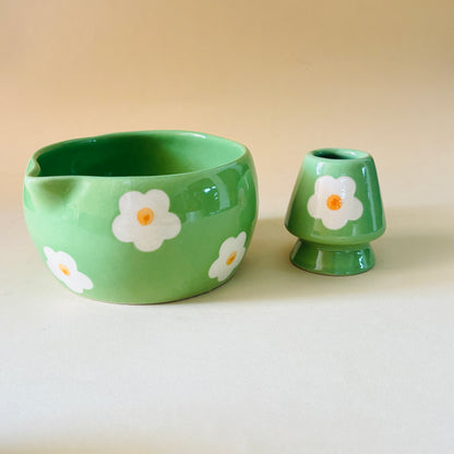 Green Floral Matcha Bowl & Whisk Holder Set