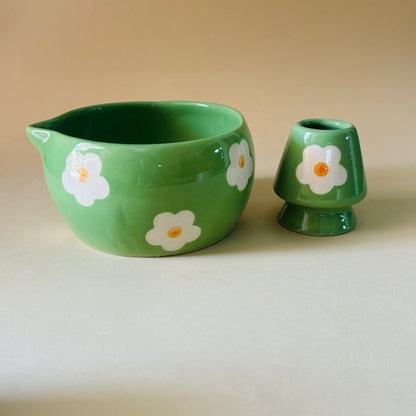 Green Floral Matcha Bowl & Whisk Holder Set