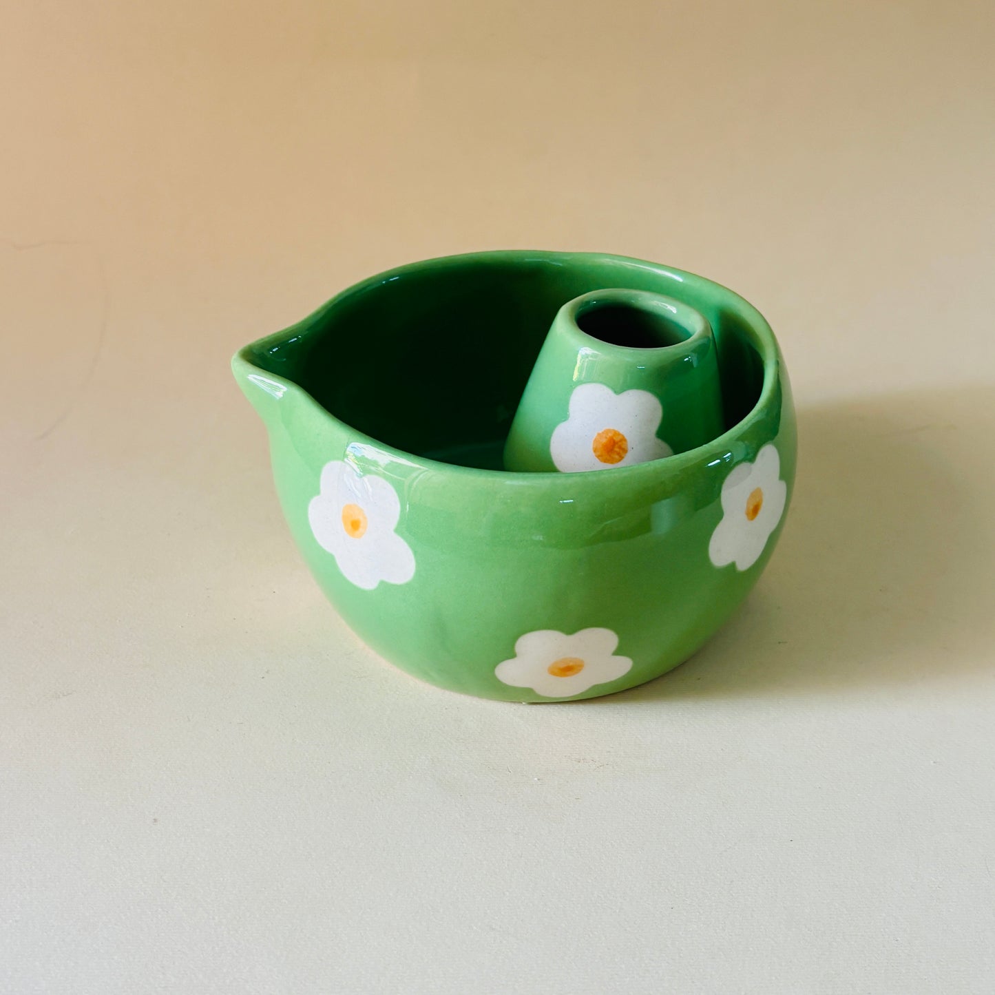 Green Floral Matcha Bowl & Whisk Holder Set