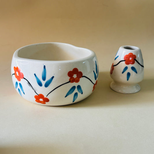 Red & Blue Floral Matcha Bowl & Whisk Holder Set