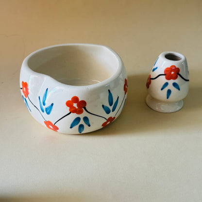Red & Blue Floral Matcha Bowl & Whisk Holder Set