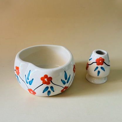 Red & Blue Floral Matcha Bowl & Whisk Holder Set