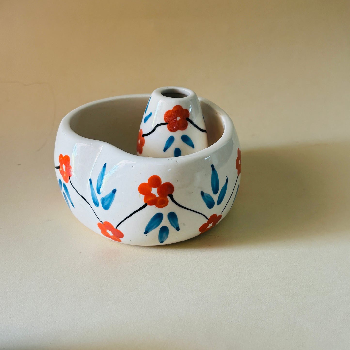 Red & Blue Floral Matcha Bowl & Whisk Holder Set