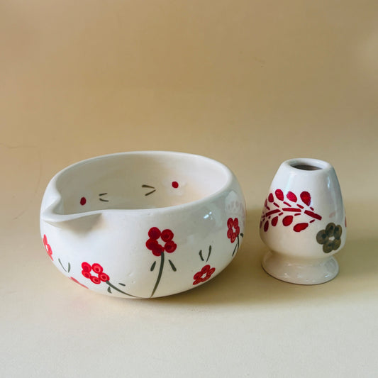 Red Floral & Leaf Matcha Bowl & Whisk Holder Set
