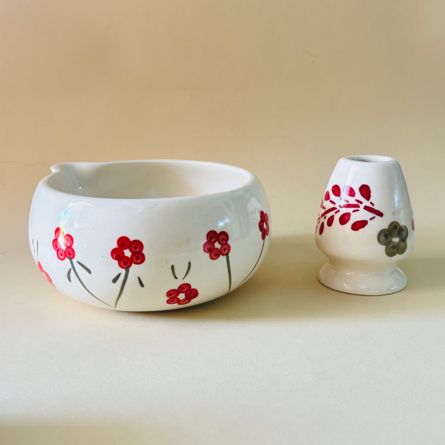 Red Floral & Leaf Matcha Bowl & Whisk Holder Set