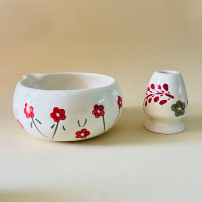 Red Floral & Leaf Matcha Bowl & Whisk Holder Set
