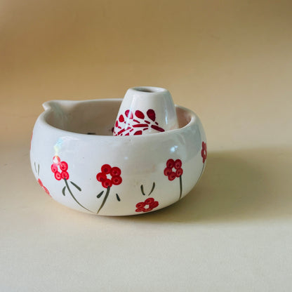 Red Floral & Leaf Matcha Bowl & Whisk Holder Set