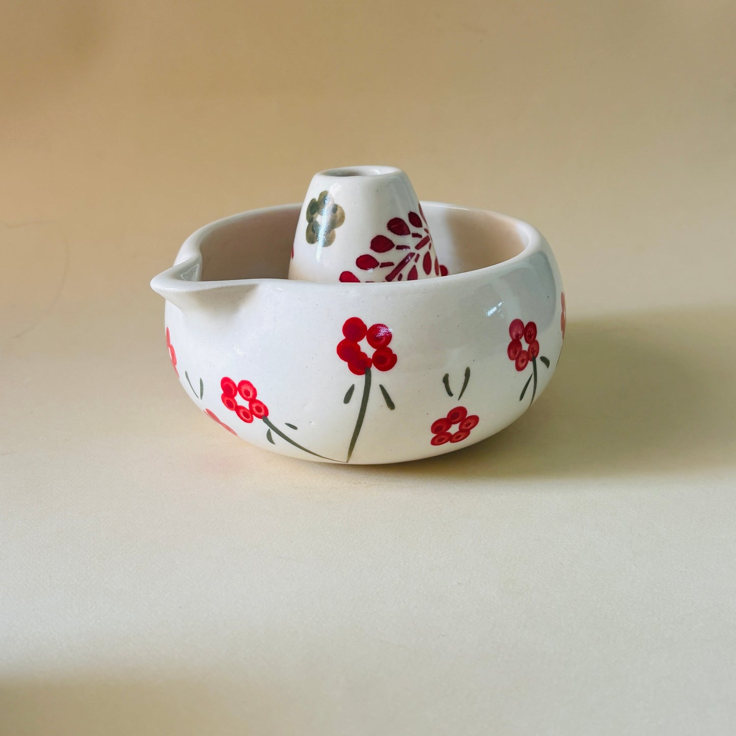 Red Floral & Leaf Matcha Bowl & Whisk Holder Set