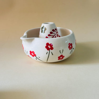 Red Floral & Leaf Matcha Bowl & Whisk Holder Set