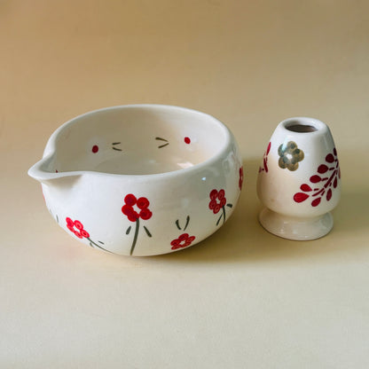 Red Floral & Leaf Matcha Bowl & Whisk Holder Set